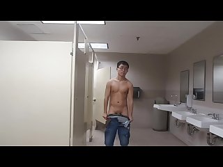 Asian Twink strips naked in public bathroom