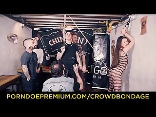 CROWD BONDAGE - Tiffany Doll spanked and hair pulled in BDSM fuck