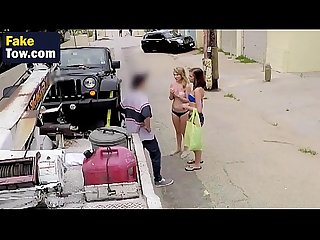 Slutty young bitches are having wild threesome in tow truck