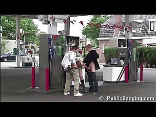 Very pregnant woman is fucked in public sex threesome orgy at a gas station