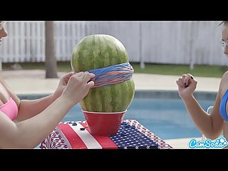 Camsoda teens with big ass and big tits make a Watermelon explode with rubber ba