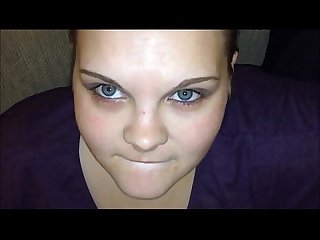 Innocent Blue eye teen sucks huge dick like a pro letting him finish in her mouth and then swallow..